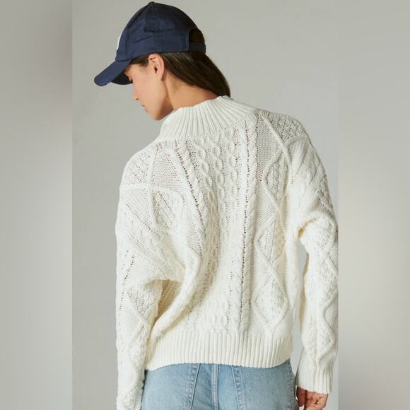 Lucky Brand Cable Knit Zip Henley Mock Neck Sweater Egret Ivory S Fishermancore - Picture 5 of 14